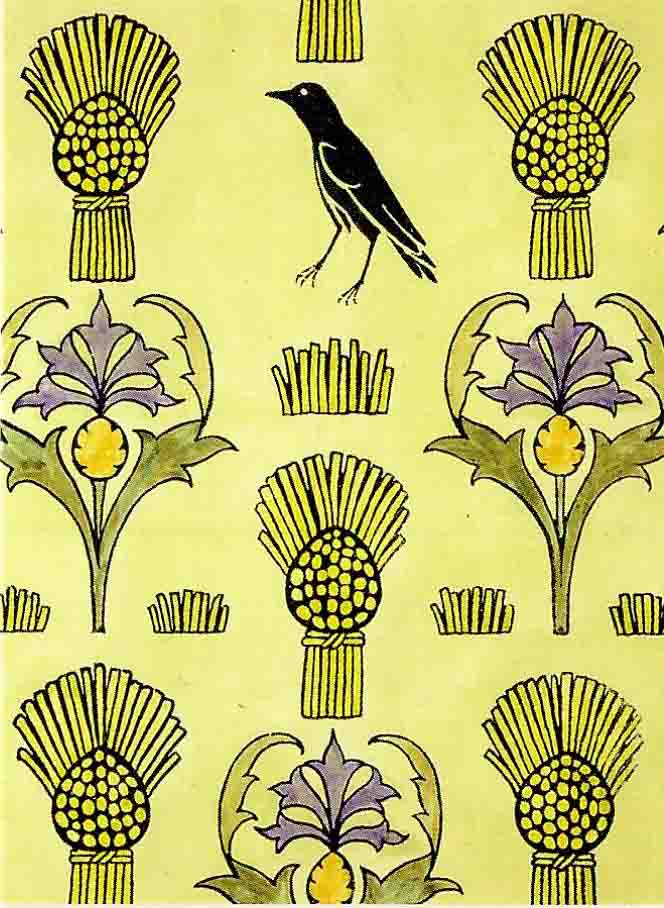 Cornflowers, wheat sheaves and crows