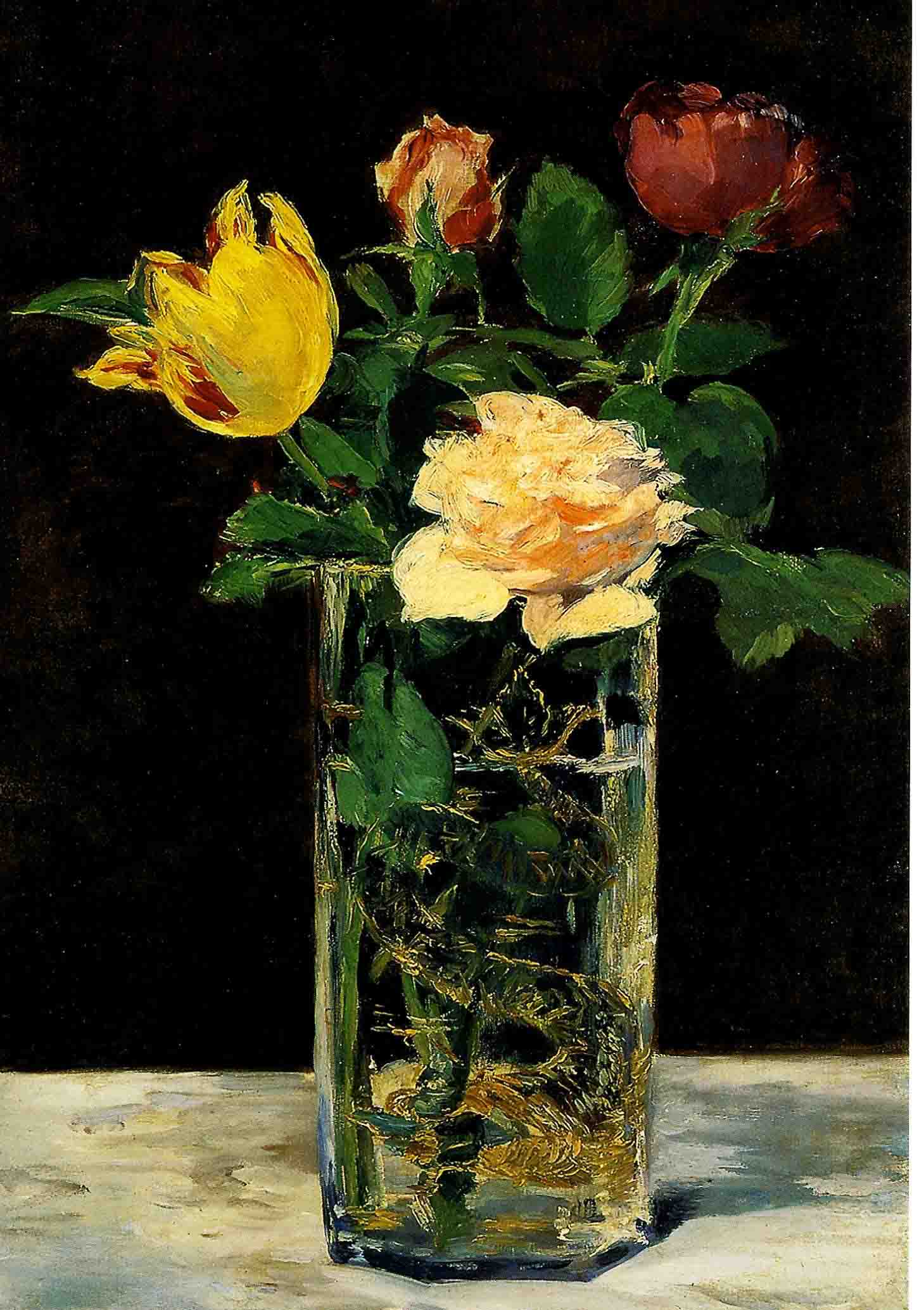 Rozen en tulpen in een vaas (detail)