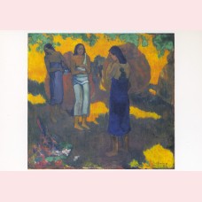 Three Tahitian women against a yellow background