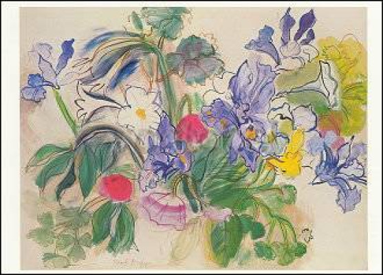 Bouquet mit Schwertlillien und rotem Mohn
