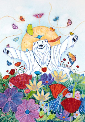 Eisbär zwischen den Blumen