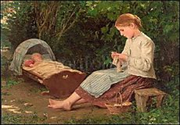 Strickendes Mädchen, Kleinkind in der Wiege hütend