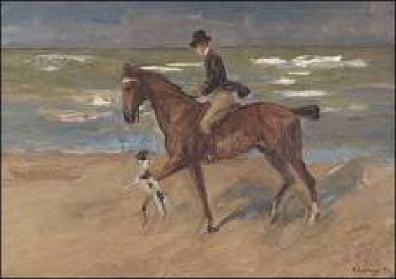 Reiter am Strand mit Foxterrier