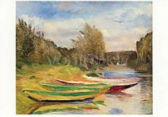 Boote und Schuppen am Ufer der Seine